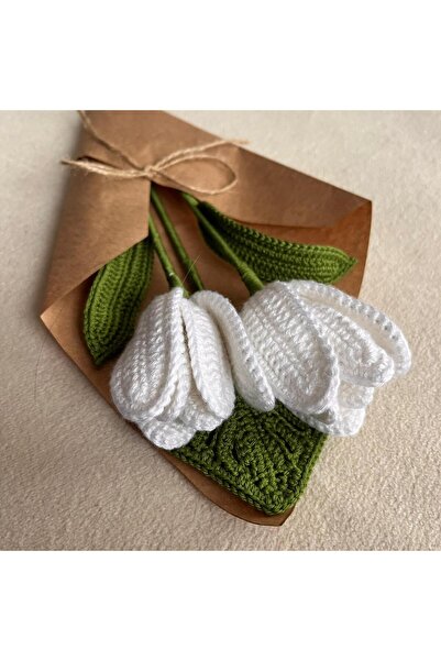 yapay çiçek evi Buchet de lalele albe, tricotat manual, 2 ramuri, 35 cm