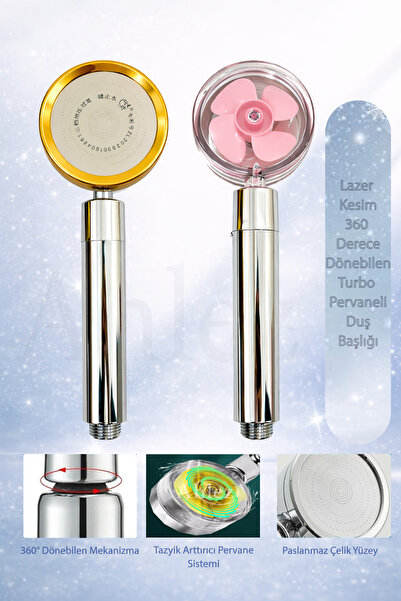Ahlez Su Tasarruflu Tazyikli Altın Duş Başlığı – 360° Dönebilen Turbo Pervane...