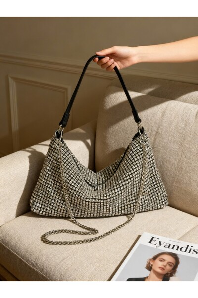 eyandis Γυναικεία τσάντα ώμου από ασημί κρυστάλλινη πέτρα μπαγκέτα - Βραδινό ...