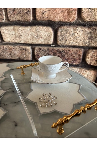 MİNOZA 6 قطع من مناديل تقديم الكوكتيل والقهوة مطرزة بالفضة على شكل نجمة مع دب...