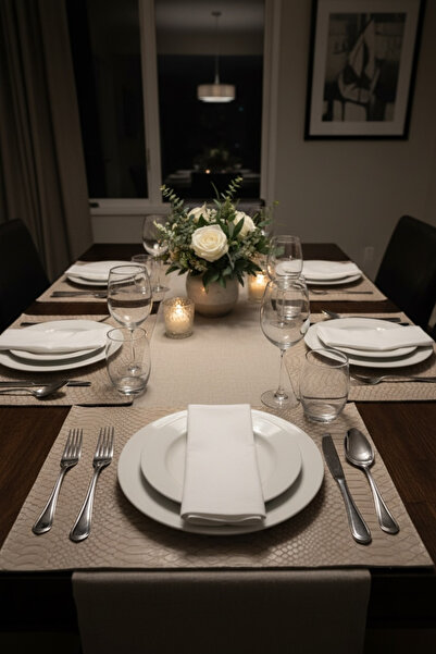 RAVZADERİ 6 Kişilik 12 Parça Dikdörtgen Suni Deri Amerikan Servis Supla ve Ba...