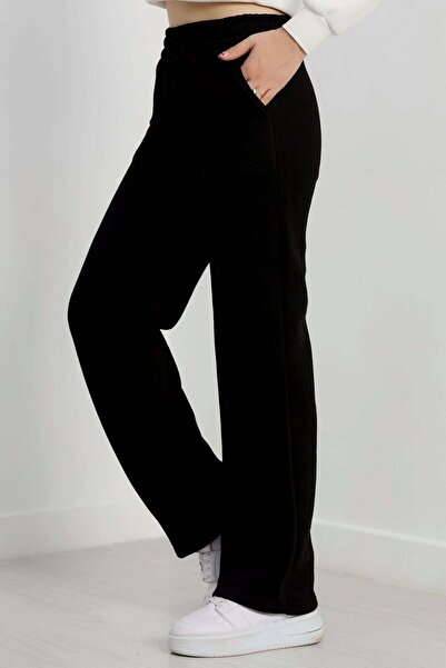 f.kereci Women's Black High Waist Elastic Double (Dabıl) Fabric Palazzo Pants