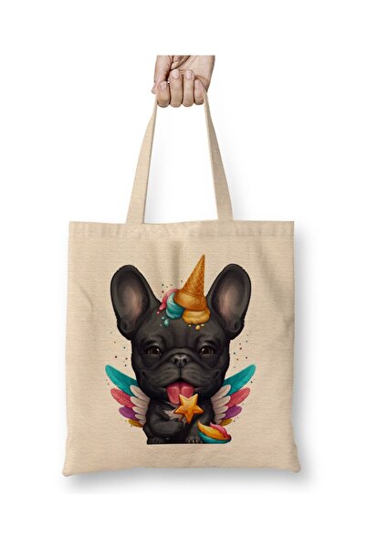 Toyaso Geantă de pânză albă cu unicorn cu înghețată de buldog francez negru, ...