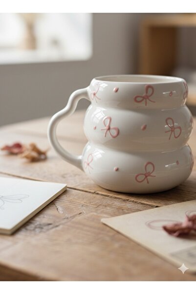 PALTO TASARIM Pink Ribbon Hand Painting Embossed Pattern Cream Shiny Bubble M...