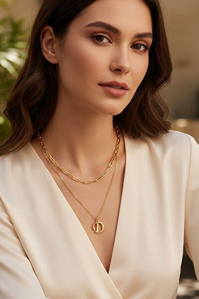 Larius Jewelry Altın Kaplama İkili Zincir Harf Kolye , Kişiye Özel Hediye Kolye