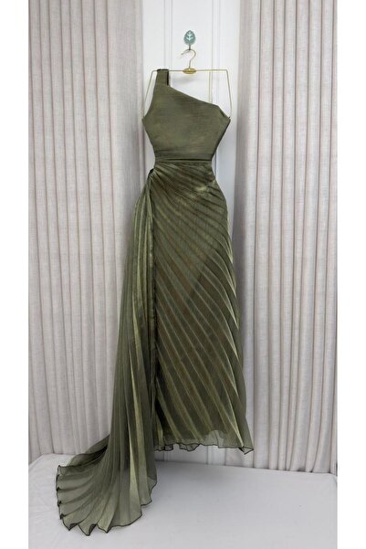 hind fashion Olive green organza pleated evening dress | One shoulder