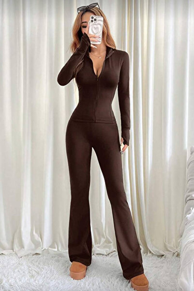 İlayda Toprak Combo Basic Kahve Rover Slim Fit Αθλητικό Σετ 2 τεμαχίων με φερ...