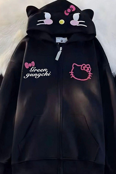 İlayda Toprak Gungchi Siyah Anime Kawaii Kulaklı Hello Kitty Detail Hırka