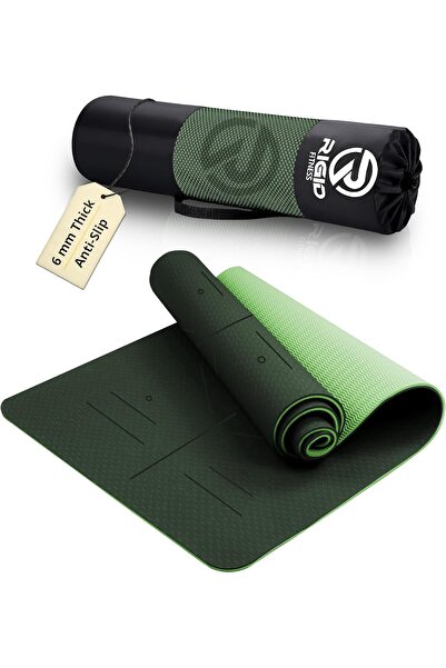 RIGID FITNESS Yoga Mat 6mm with Alignments - Anti-Slip TPE Yoga Mat with Carr...