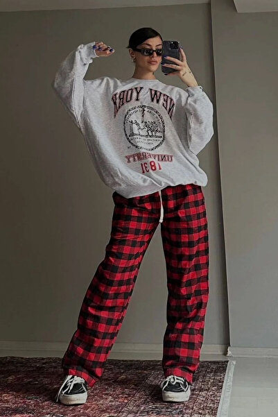 İlayda Toprak Bol Kalıp Beli Lastikli Kırmızı Ekose Model Esofman Altı