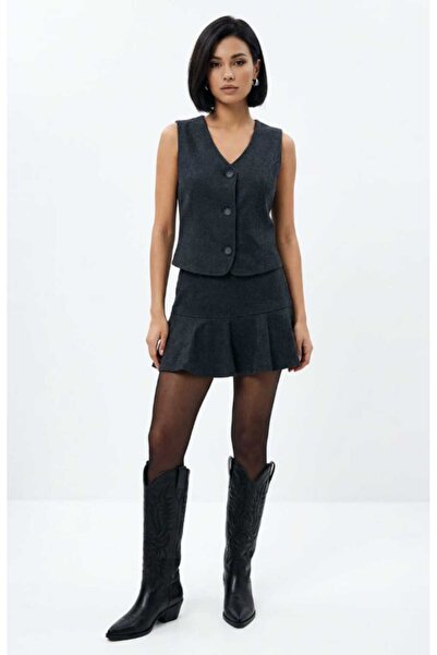 KANİKEY Kadın Kışlık Pamuklu Volanlı Antrasit renk Şort etek