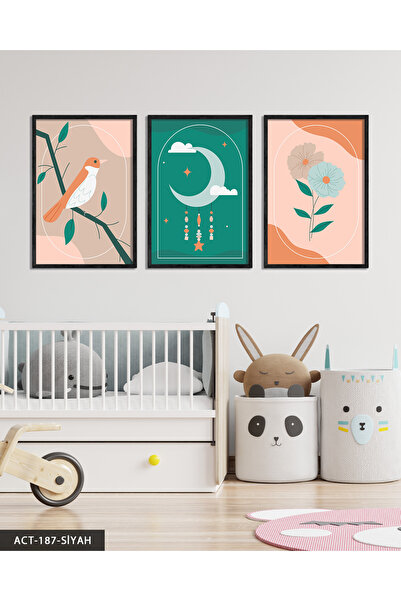 Evinemoda Tablou minimalist cu flori și păsări, 3 piese, înrămat în lemn ACT