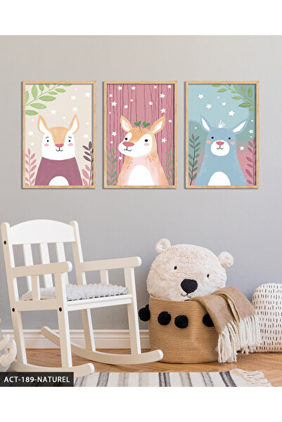Evinemoda Slika u drvenom okviru sa životinjskim temama za dečiju sobu, 3 dela