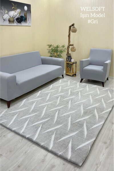 Şahaneev Tekstil Işın Model Welsoft Halı Örtüsü Açık Gri Renk
