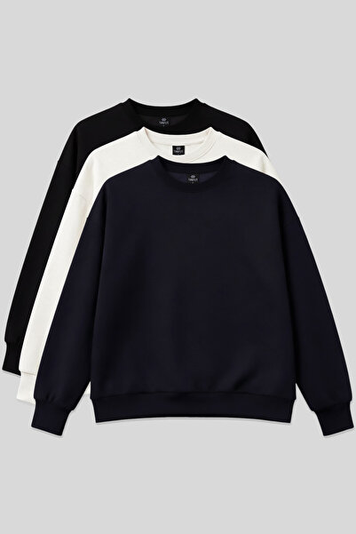 TOMMY LIFE Basic Oversized O Neck 3 Pack Black-Navy Blue-Ecru Women's Sweatsh...