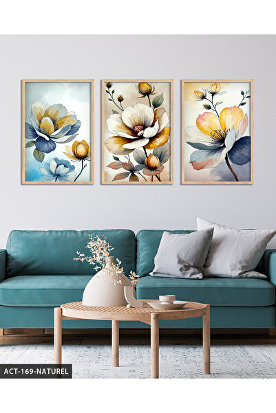 Evinemoda Flori cu aspect de acuarelă, tablou din 3 piese cu ramă din lemn ACT