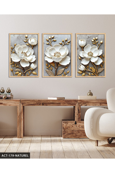 Evinemoda Gold Yapraklı Beyaz Çiçek 3 Parça Ahşap Çerçeveli Tablo ACT