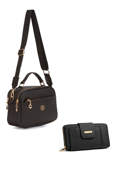 Newish Polo Geantă neagră de umăr pentru femei cu trei compartimente și porto...