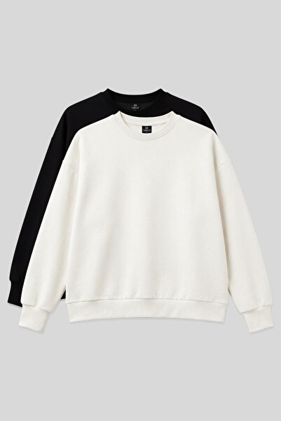 TOMMY LIFE Basic Oversized O Neck 2-Pack Black-Ecru Women's Sweatshirt - 97053