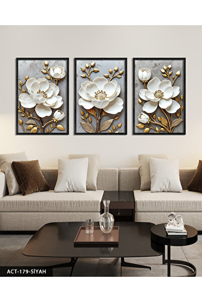 Evinemoda Gold Yapraklı Beyaz Çiçek 3 Parça Ahşap Çerçeveli Tablo ACT