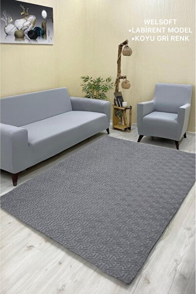 Şahaneev Tekstil Labirent Model Welsoft Halı Örtüsü Koyu Gri Renk - 200 x 300