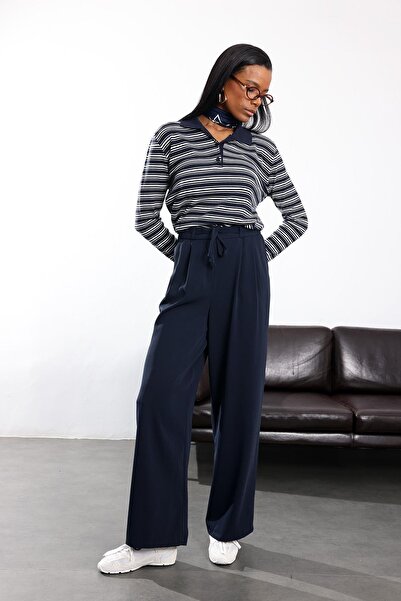 5in1Canpolat Navy Blue Lace-Up Casual Pants 3709