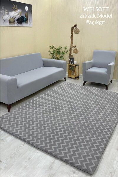 Şahaneev Tekstil Zikzak Model Welsoft Halı Örtüsü Açık Gri Renk - 160 x 230