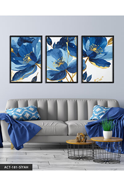 Evinemoda Slikanje u akvarelu sa zlatnim detaljima, plavi cvet, 3 delna drven...