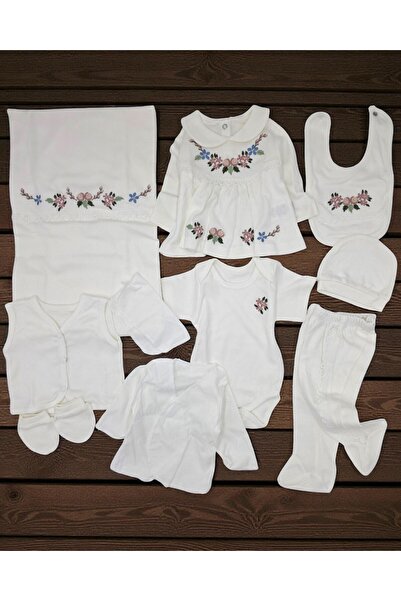 Ege Bebek Baby Girl Floral Embroidered, Ruffle Detailed Ecru 10 Piece Hospita...