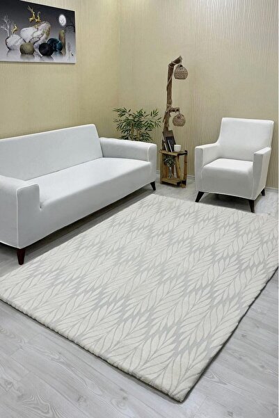 Şahaneev Tekstil Yaprak Model Welsoft Halı Örtüsü Krem Renk - 160 x 230