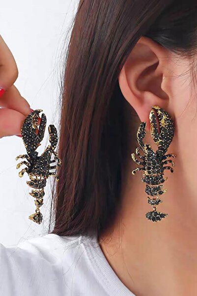 TAKIŞTIR Altın Renk Istakoz Figürlü Taş Detaylı Tasarım Küpe (Çift)