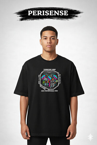 PERISENSE تي شيرت للجنسين بتصميم مخطط لمحرك السيارة مطبوع من القطن الممشط الف...