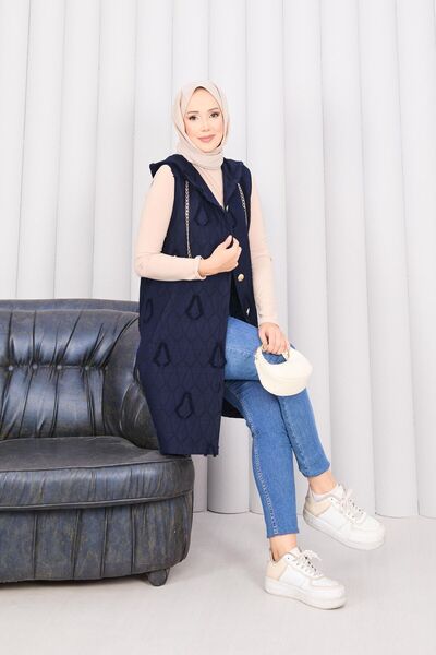 EBRUTESETTÜR Hooded Buttoned Hijab Quilted Vest Navy Blue