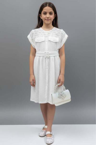 Alesaei-mondo tondo فستان بناتي ابيض بقصه ناعمة 7185