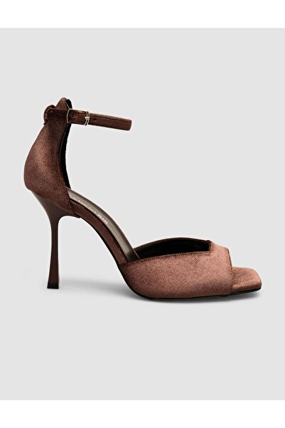 Cabani Dark Brown Velvet Ankle Buckle Heeled Women's Shoes