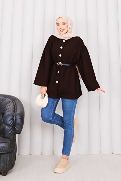 EBRUTESETTÜR Gold Buttoned Gathered Waist Cashmere Cap Brown