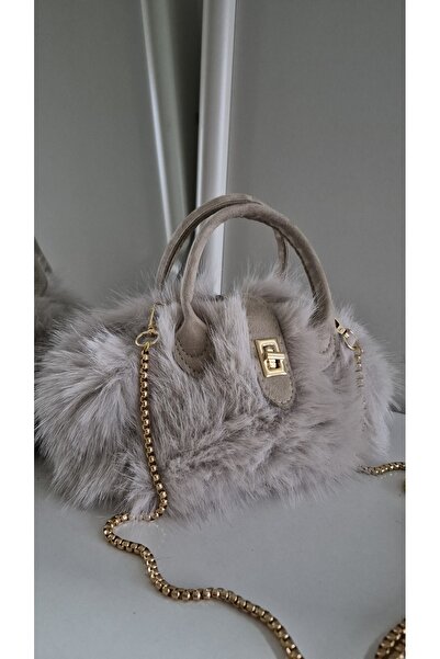 espoi collection Şık Peluş Mini El ve Omuz Çantası – Gold Zincir Detaylı