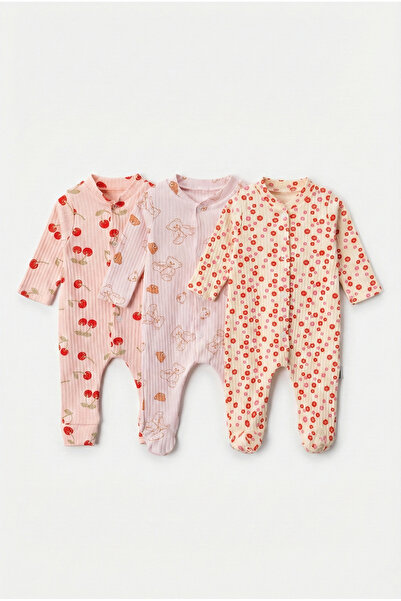 Noone 3-Piece Baby Romper Set with Cherry, Floral, Teddy Bear, Booties and Sn...