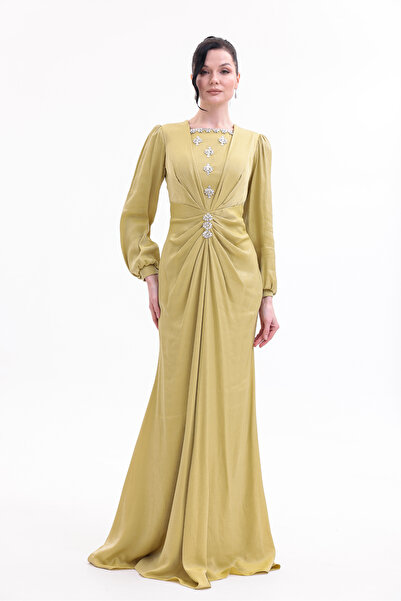 BDM Exclusive Taş Detaylı Drape Gövdeli Uzun Kollu Premium Abiye Elbise