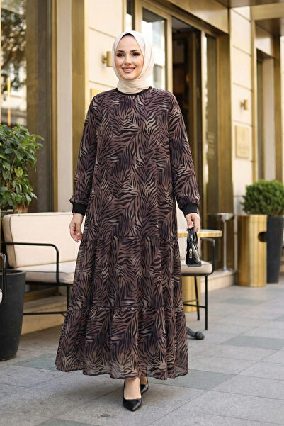 Hb Harma Time Butik Women's Inner Ş Fleece-Lined Brown Patterned Chiffon Dress