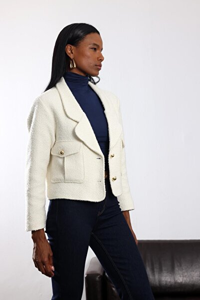 5in1Canpolat Ecru Wool Blend Tweed Jacket 03016