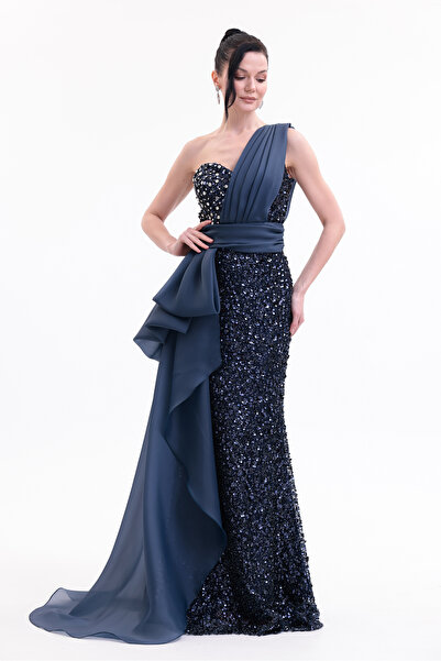 BDM Exclusive Taş İşlemeli Şifon Drape Detaylı Premium Abiye Elbise