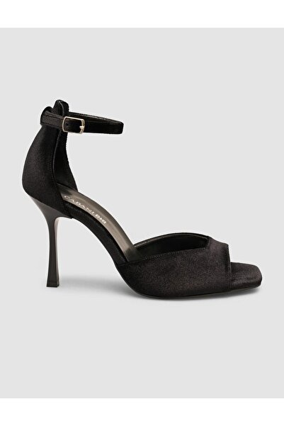 Cabani Black Velvet Ankle Buckle Heeled Women's Shoes