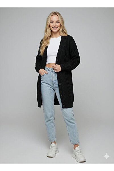 FAVORİST Women's Black Buttoned Cotton Knit Detailed Long Knitwear Cardigan