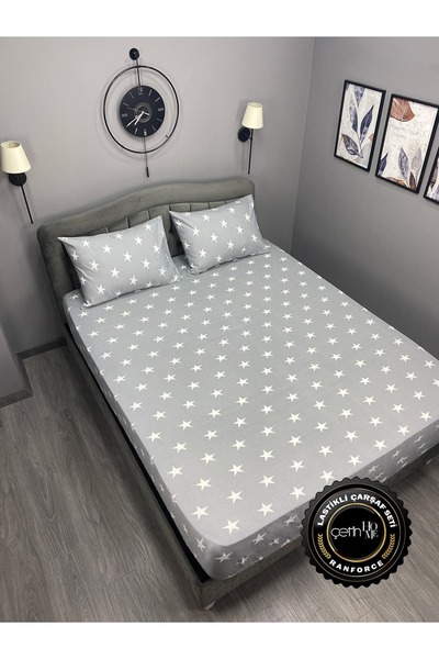 Çetinhome Fabric Fitted Sheet Set Double and King Size Star Gray