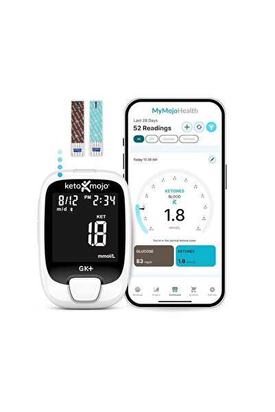 KETO-MOJO مجموعة اختبار الجلوكوز والكيتون بتقنية البلوتوث GK+