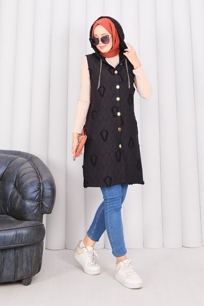 EBRUTESETTÜR Hooded Button Hijab Quilted Vest Black