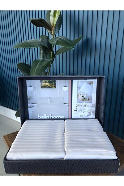 Bella Home Double Striped Satin Duvet Cover Set - Luxury Boxed - Cream