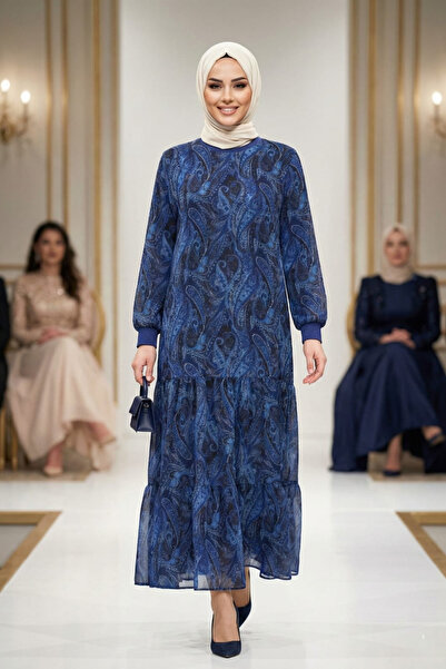 Hb Harma Time Butik Kadın İçi Şardonlu Mavi Desenli Şifon Elbise