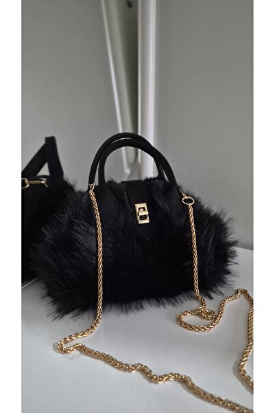 espoi collection Şık Peluş Mini El ve Omuz Çantası – Gold Zincir Detaylı